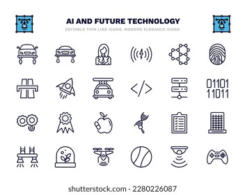 set of ai and future technology thin line icons. ai and future technology outline icons such as fyling vehicle, personal assistant, graphene, rocket, servers, recognition, check list, artificial