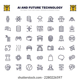 set of ai and future technology thin line icons. ai and future technology outline icons such as wristwatch, secure data, humanoid, check list, fyling vehicle, road, rocket, shopping bag, ball