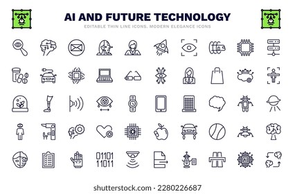 set of ai and future technology thin line icons. ai and future technology outline icons such as detection, mail, eye tracking, medicine, artificial atmosphere, smartphone, oculus rift, cyborg, mind