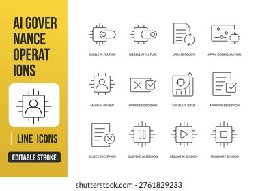 A set of AI governance operation icons for managing features, policies, decisions, and system controls in admin dashboards, created in line style with editable stroke