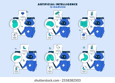 Set of AI in healthcare, transforming patient care and medical solutions. AI research in internal organ analysis. Vector illustration