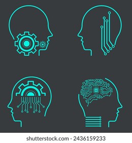 Set of AI icon sets on dark background. Collection of symbols, technology vector elements