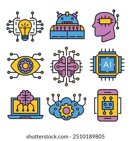 Conjunto de ícones de IA. Ilustração Vetor de inteligência artificial. Coleção De Conjuntos De Ícones De Cor Completa.