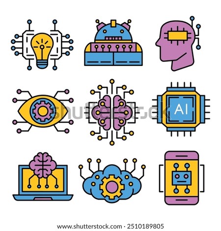 Set of AI icons. Artificial intelligence Vector illustration. Full Color Icon Set Collection.