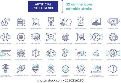 A set of AI icons with fully editable outlines. Perfect for developers, designers, and tech projects. Covers chatbots, automation, deep learning, and more. Customizable stroke width !