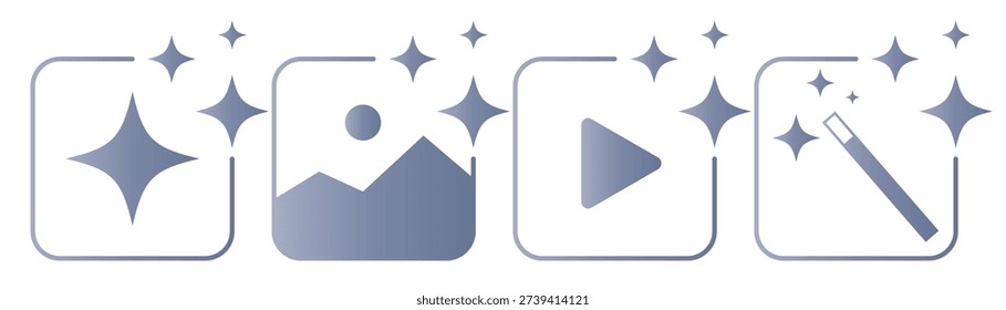Set of AI image and video generate icons with sparkle star, photo, play button and magic wand. AI creative tools for digital media, content generation and modern application interface.