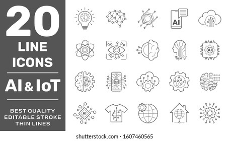 Set of AI, IoT and Data Analysis Related Technology Vector Line Icons. Contains such Icons as Charts, Cyborg, Traffic Analysis, Big Data and more. Editable Stroke. EPS 10