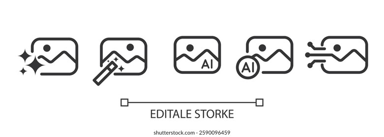 Set of AI Picture Generator icons. Image with generate symbol. Creating Picture by AI. Artificial intelligence icon element for app and web. Vector illustration. Editable stroke.