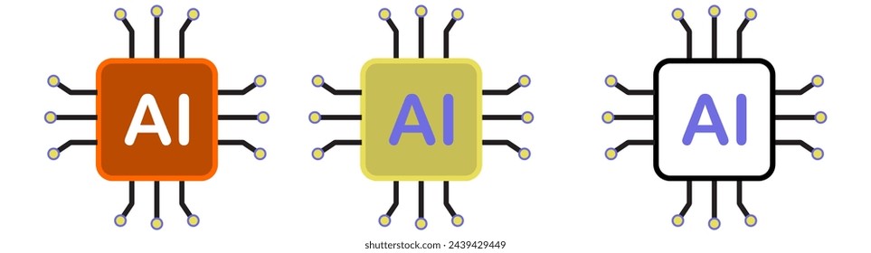 Set AI system processor chip icon analysis artificial intelligence innovation on isolated background. technology digital learning education cyber software development.
