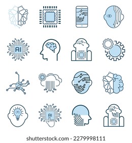 Set of AI technology icon vector, modern artificial intelligence such as robot, digital, vr, ai, cyber operatating system, AI circutes line style icons