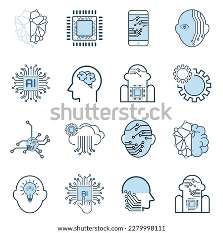 Set of AI technology icon vector, modern artificial intelligence such as robot, digital, vr, ai, cyber operatating system, AI circutes line style icons