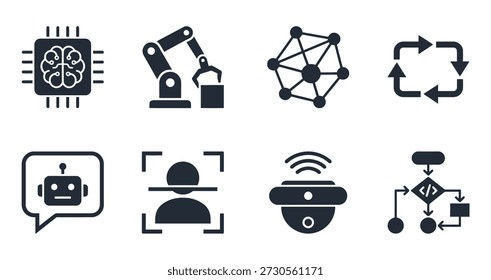 Conjunto de iconos de IA y tecnología que incluyen chip cerebral, brazo robótico, red neuronal, procesamiento de datos, chatbot, reconocimiento facial, dispositivo IoT y flujo de trabajo de automatización.