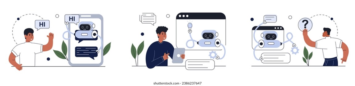 Set of AI technology, smart chat bot . Machine learning. Artificial intelligence, chatbot self-learning, artificial intelligence regulations. AI robot assistant supporting online. Vector illustration.