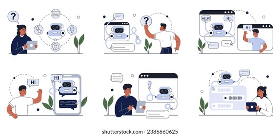 Conjunto de tecnología de IA, robot de chat inteligente. Aprendizaje automático. Inteligencia artificial, autoaprendizaje de chatbot, regulaciones de inteligencia artificial. Asistente de robots de IA que apoya en línea. Ilustración vectorial.