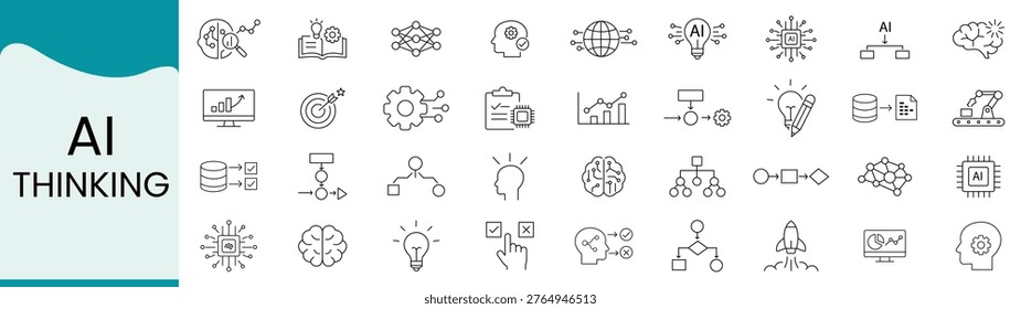 Set of ai thinking line icons artificial intelligence, machine learning, neural network, data analysis, automation, brain, robot, technology