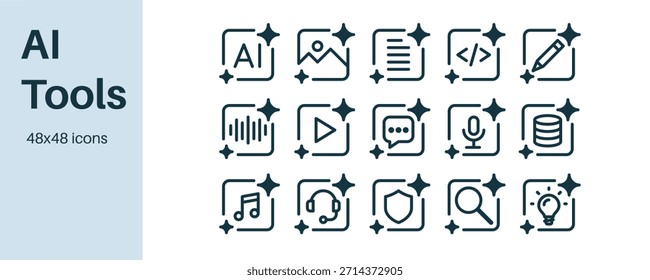 Set of AI tools icons for generating images, video, code, music, text, and data , also AI for research, cybersecurity, and autonomous AI agents.
