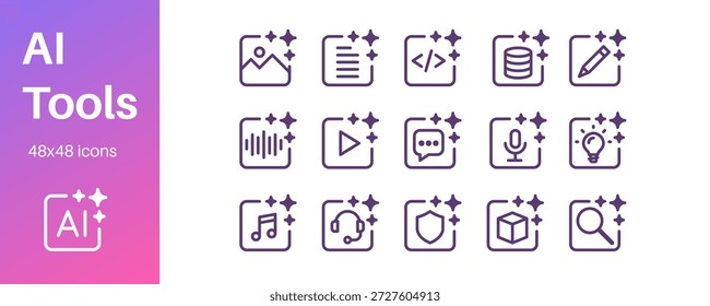 Set of AI tools icons for generating images, video, code, music, text, and data, AI for research, cybersecurity, and autonomous AI agents.