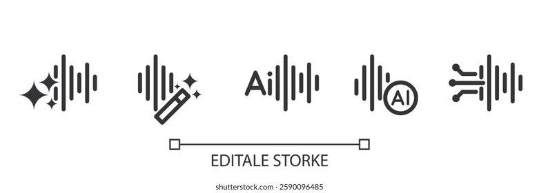 Set of AI Voice Generator icons. Sound wave with generate symbol. Creating music and voice by AI. Artificial intelligence icon element for app and web. Vector illustration. Editable stroke.