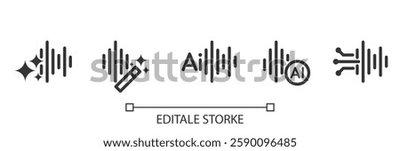 Set of AI Voice Generator icons. Sound wave with generate symbol. Creating music and voice by AI. Artificial intelligence icon element for app and web. Vector illustration. Editable stroke.