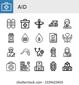 Set of aid icons. Such as First aid kit, Bandage, Medicine, Ambulance, Volunteer, Blood type, Dental record, Give, Surgeon, Leech, Phonendoscope, Lifeguard chair, Pharmacist , aid icons