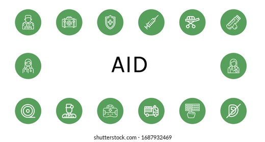 Set of aid icons. Such as Paramedic, First aid kit, Medical, Syringe, Stretcher, Blood sample, Medical tape, Doctor, Fire truck, Braille, Deaf, Veterinarian , aid icons