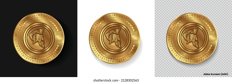 Conjunto de Aidos Kuneen (ADK) cripto símbolo del logo de la moneda vector aislado en fondo blanco, oscuro y transparente. Puede utilizarse como pegatina de moneda dorada, icono, etiqueta, placa, diseño de impresión y emblema