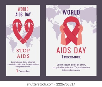 Set of AIDS day posters, flyers. Human hands holding red AIDS ribbon. Awareness of AIDS. Support for hiv infected people. Vector illustration