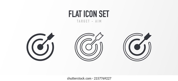 Set of aim icons. Icon marketing target icon set. Icons for purpose, goal, objective, mission, idea, sense, end. Vector illustration.