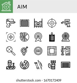 Set of aim icons. Such as Target, Water gun, Goal, Top, Focus, Crosshair, Radar, Goals, Darts, Archer, Quiver , aim icons