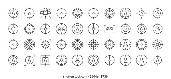 Conjunto de ícones de linha relacionados ao Aim. Sinais de tópicos alvo para design gráfico e Web, aplicativos, anúncios, várias cartas 