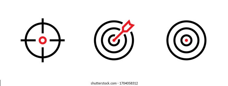 Set Of Aim, Target And Goal Icons. Editable Line Vector. Symbol Of A Gun Sight, Purpose With A Red Arrow In The Middle. Group Pictogram.