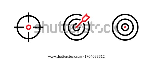 Set of Aim, Target and Goal icons. Editable\
line vector. Symbol of a gun sight, purpose with a red arrow in the\
middle. Group pictogram.