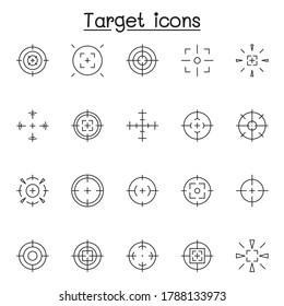 Set Of Aim & Target Related Vector Line Icons. Contains Such Icons As Crosshair, Sniper Scope, Shooting Game, Radar And More
