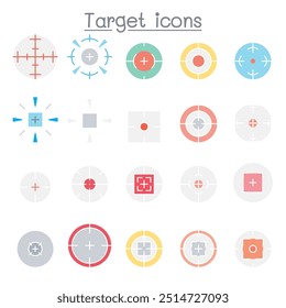 Set of Aim  target Related Vector Line Icon. Contains such Icon as crosshair, sniper scope, shooting game, radar in flat color style
