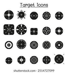 Set of Aim  target Related Vector Line Icon. Contains such Icon as crosshair, sniper scope, shooting game, radar and glyph style