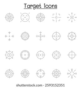 Set of Aim and target Related Vector Line icon. Contains such icon as crosshair, sniper scope, shooting game, radar and more