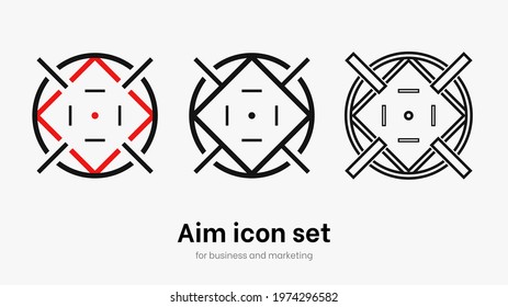 Set of aim and target. Transparent isolated aim cion on white background. Target icon for aiming to bullseye. Black vector illustration of crosshairs icon set in isolation. Vector round aim