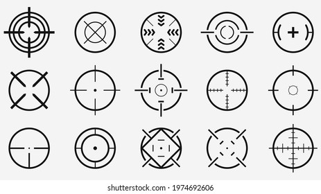Set of aim and target. Transparent isolated aim cion on white background. Target icon for aiming to bullseye. Black vector illustration of crosshairs icon set in isolation. Vector round aim