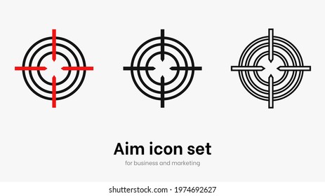 Set of aim and target. Transparent isolated aim cion on white background. Target icon for aiming to bullseye. Black vector illustration of crosshairs icon set in isolation. Vector round aim