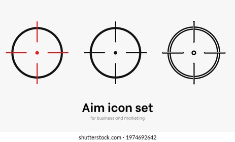 Set of aim and target. Transparent isolated aim cion on white background. Target icon for aiming to bullseye. Black vector illustration of crosshairs icon set in isolation. Vector round aim