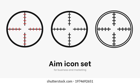 Set of aim and target. Transparent isolated aim cion on white background. Target icon for aiming to bullseye. Black vector illustration of crosshairs icon set in isolation. Vector round aim