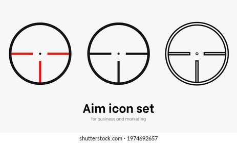 Set of aim and target. Transparent isolated aim cion on white background. Target icon for aiming to bullseye. Black vector illustration of crosshairs icon set in isolation. Vector round aim