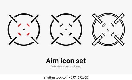 Set of aim and target. Transparent isolated aim cion on white background. Target icon for aiming to bullseye. Black vector illustration of crosshairs icon set in isolation. Vector round aim