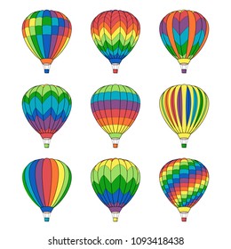 Set of Air Ballon Icons isolated on White. Vector Illustration. Logo, Banner, Sign, Card, Travelling Design. Book Page Design for Education.