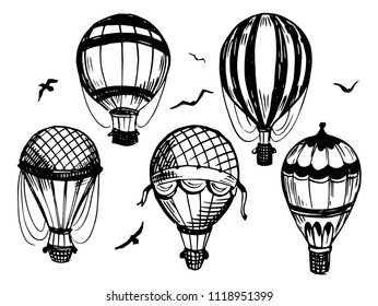 Set of air balloon. Hand drawn illustration. Vector isolated