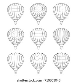 Set Of Air Balloon Icons. Vector Illustration. Line Graphic Style. Logo, Banner, Sign, Card, Travel Design. Coloring Book Page Design For Education.