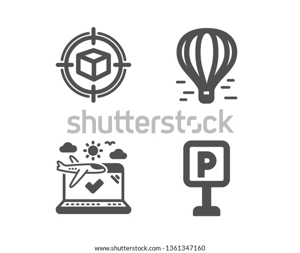 Set of Air\
balloon, Parcel tracking and Airplane travel icons. Parking sign.\
Flight travel, Box in target, Check in. Auto park.  Classic design\
air balloon icon. Flat design.\
Vector