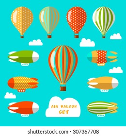 Set of air balloons and airships. Flat vector illustration. Colorful elements for web design and design of flyers, cards or children goods. 