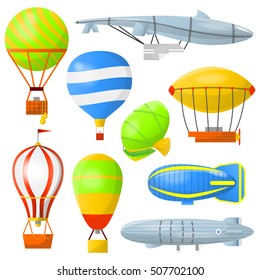 Set of air balloons with basket and airships. Retro air transport for travel and adventures in clouds. Flat icons with aerostats and dirigibles. Vector illustration isolated on white background.