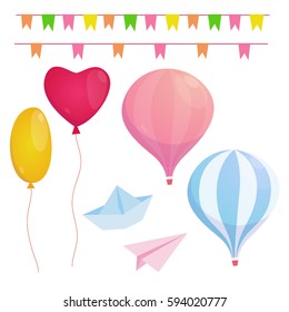 Set of air balloons. Flags, paper plane, paper ship, heart, stripe. Cute cartoon style. Vector illustration.